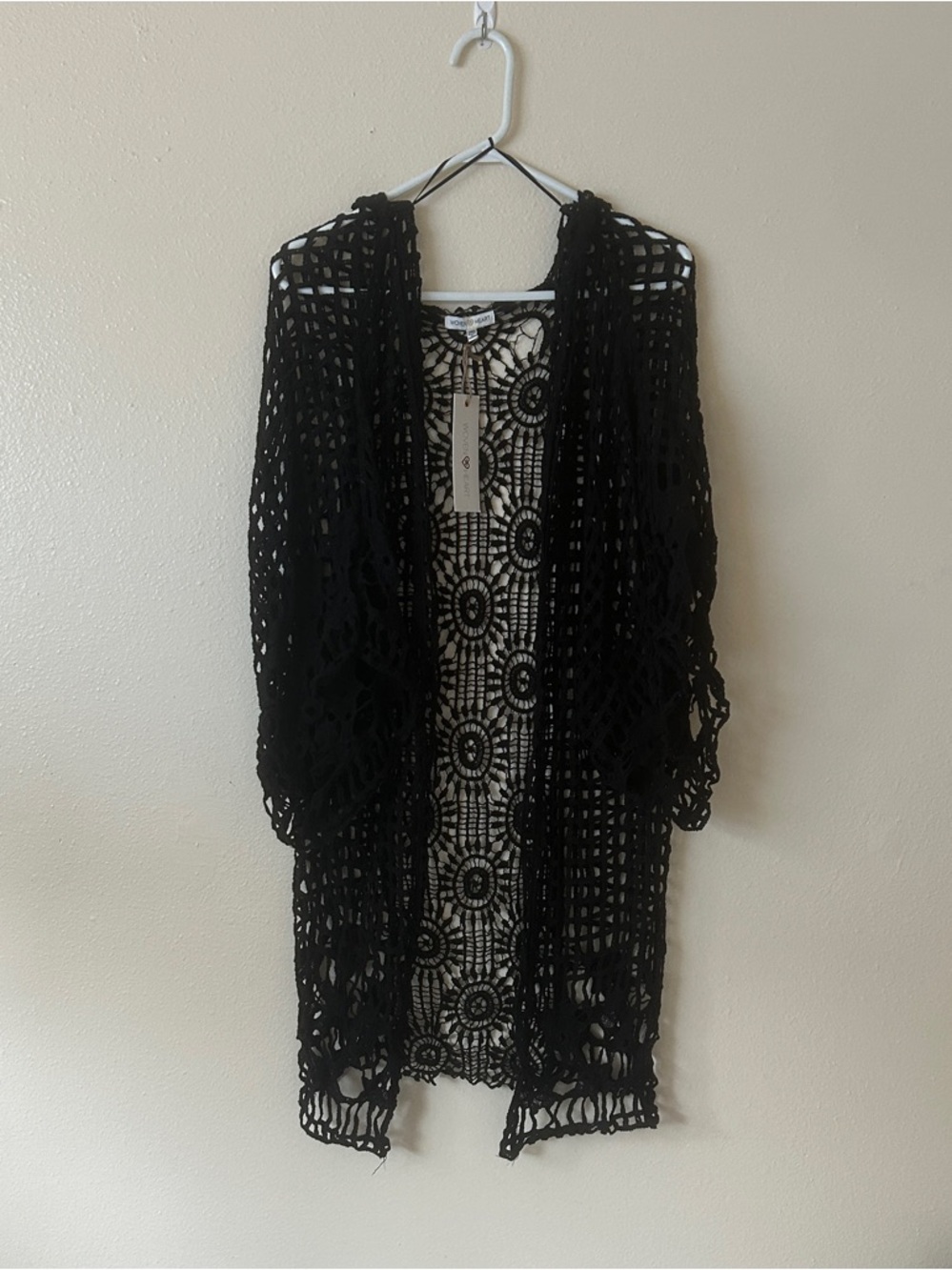 Woven Heart Black Crochet Open-Front Kimono Cardigan Swim Beach Cover-Up O/S